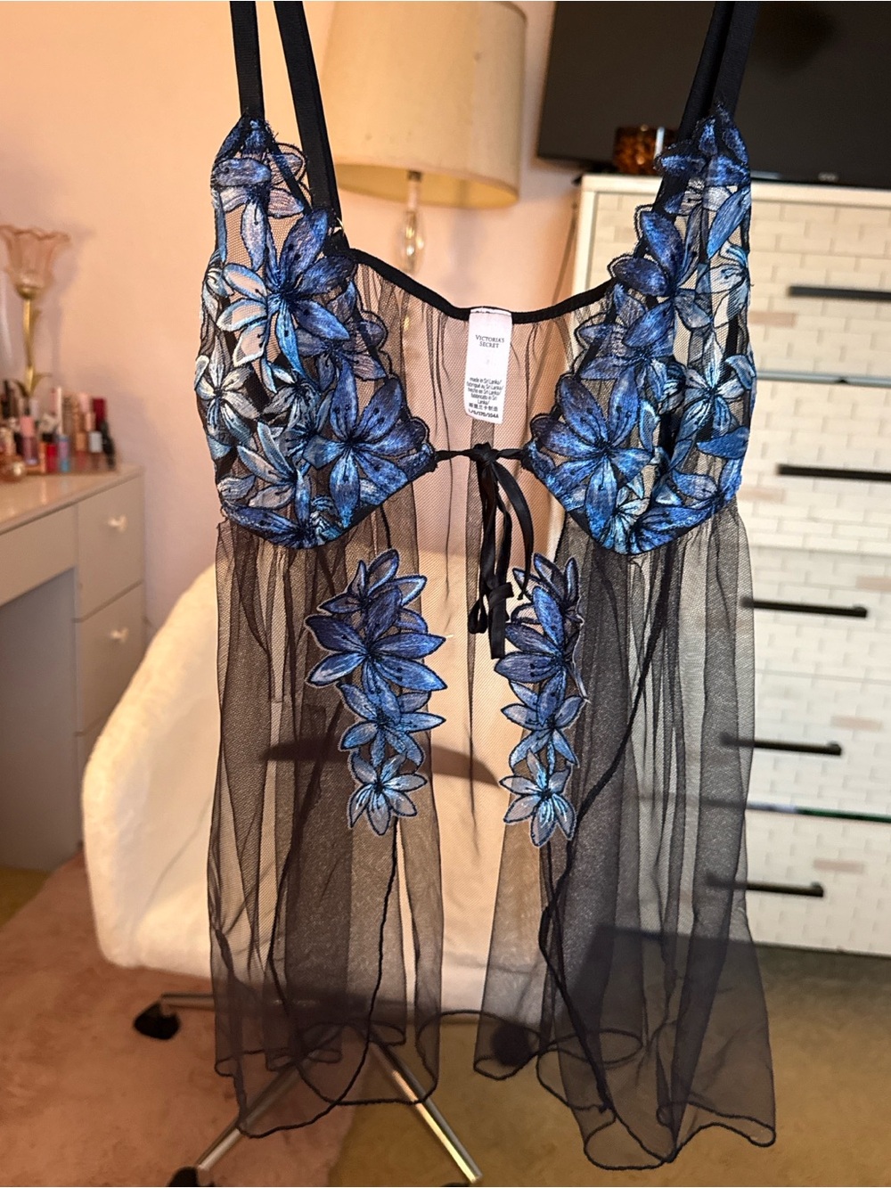 Victoria's Secret Black Sheer Chemise with Blue Floral Embroidery